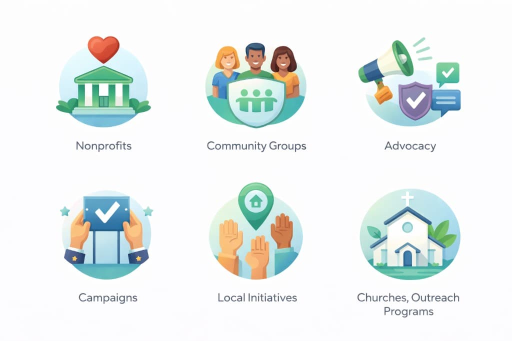 Nonprofits, advocacy, campaigns, churches, local initiatives