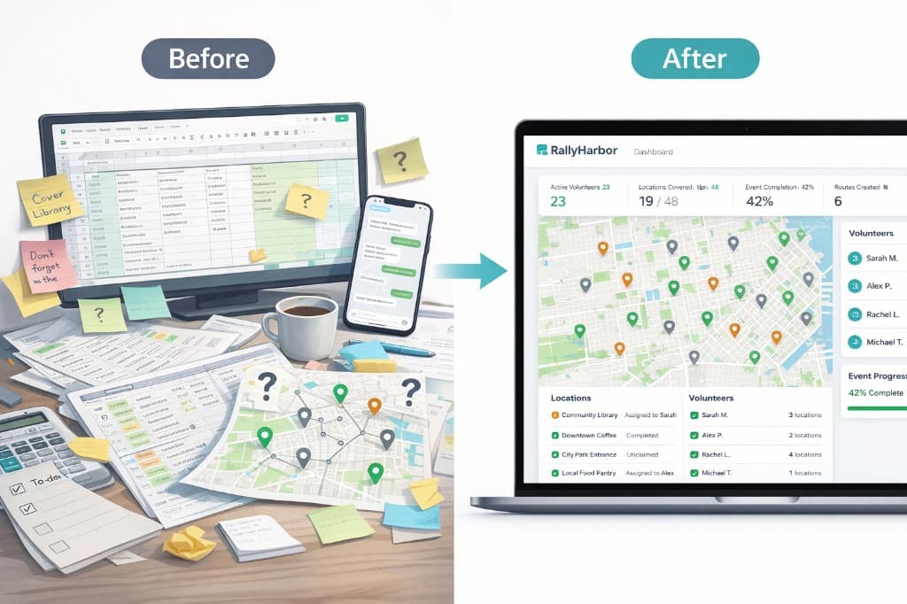 Before: spreadsheets and texts. After: RallyHarbor dashboard.