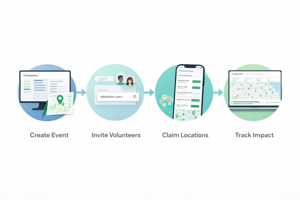Create event → Invite → Claim locations → Track impact